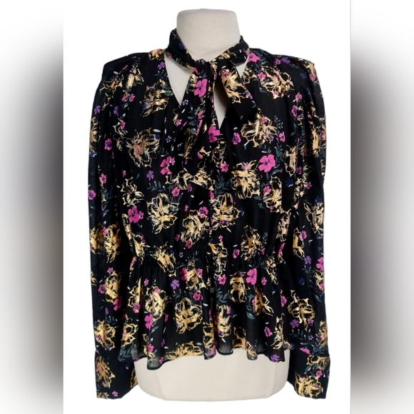 Always Indigo Ruffle Elastic Waist multicolor blouse neck tie size medium - Picture 2 of 14